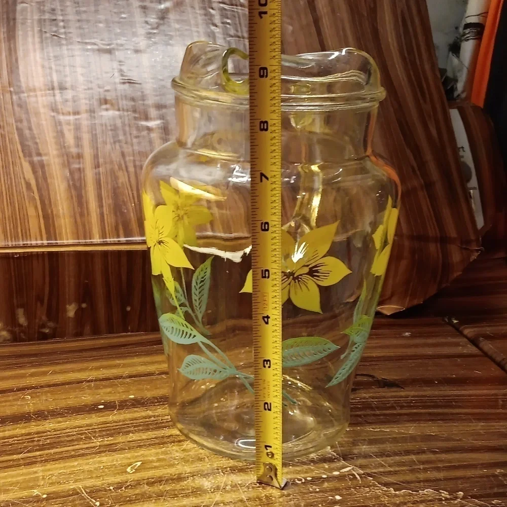 Vintage mcm farmhouse shabby chic glass tea pitcher yellow flowers